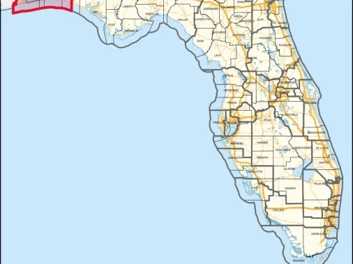 Comprehensive Cartographic Representation of Florida State: Detailed County Map Highlighting Florida's 1st Congressional District in Vibrant Red, Encompassing the Westernmost Panhandle Region Including Santa Rosa, Okaloosa, and Walton Counties. This Intricate Geographical Visualization Displays All 67 Florida Counties with Precise Boundary Lines, Major Roadways Indicated by Yellow Paths, Coastal Waterways, and the State's Distinctive Peninsula and Panhandle Silhouette, Providing an Exhaustive Geographical and Administrative Overview of the Sunshine State's Topographical Landscape and Political Boundaries.