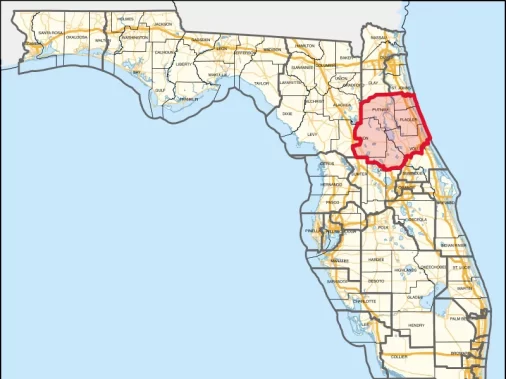 Comprehensive Florida State County Map Visualization: Detailed Geographic Representation Showcasing All 67 Counties, with Florida's 6th Congressional District Strategically Highlighted in Vibrant Red, Spanning Northeastern Regions Including Putnam, Flagler, and Portions of St. Johns Counties. The Intricate Map Displays Precise County Boundaries, Major Roadways (Indicated by Yellow Lines), Coastal Waterways, and the Distinctive Shape of the Florida Peninsula, Offering a Comprehensive Geographical Overview of the Sunshine State's Administrative Divisions and Topographical Landscape.